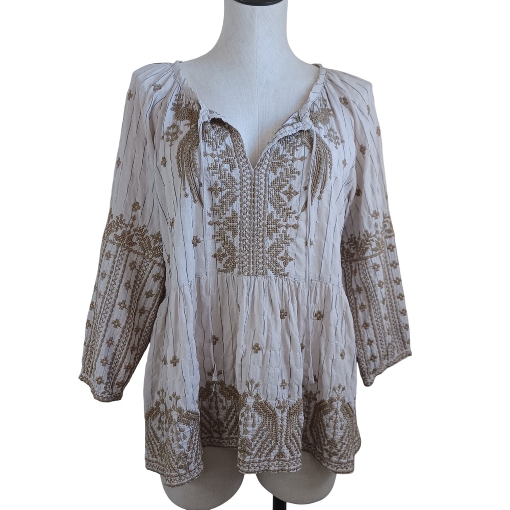 Johnny Was Workshop Embroidered Pinstripe Peasant Blouse Cream Tan Sz L - Picture 2 of 12
